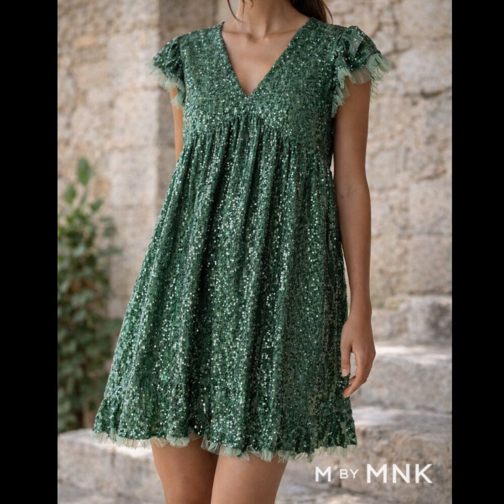 Green Sequin Babydoll Mini Dress Womens Medium Party Holiday Sparkly Glam